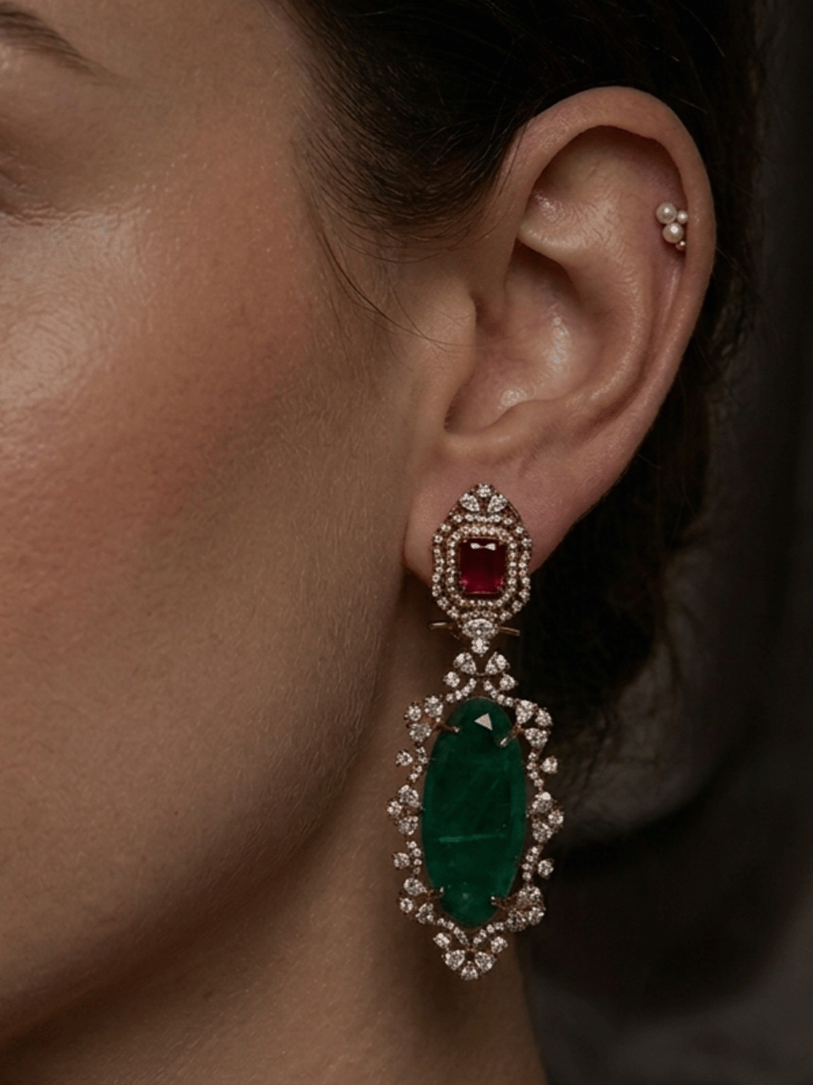 Rectangular top and Oval bottom stone in AD setting 8.5cm long earrings