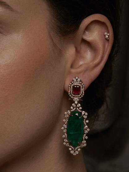 Rectangular top and Oval bottom stone in AD setting 8.5cm long earrings