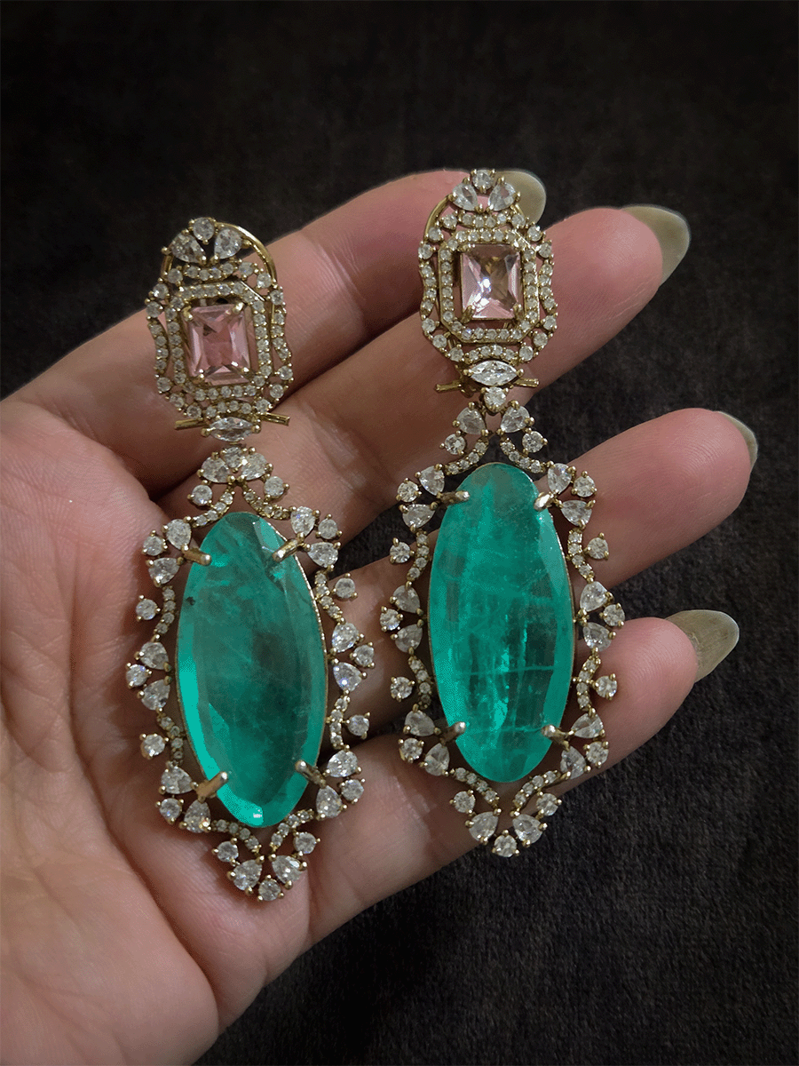 Rectangular top and Oval bottom stone in AD setting 8.5cm long earrings