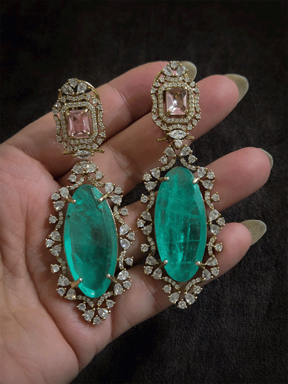 Rectangular top and Oval bottom stone in AD setting 8.5cm long earrings