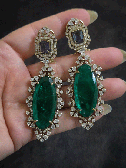 Rectangular top and Oval bottom stone in AD setting 8.5cm long earrings