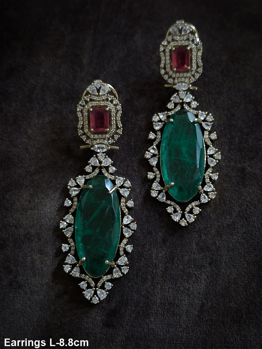 Rectangular top and Oval bottom stone in AD setting 8.5cm long earrings