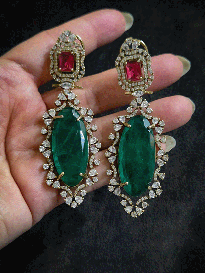 Rectangular top and Oval bottom stone in AD setting 8.5cm long earrings