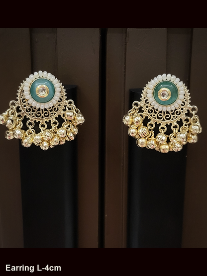 Circular coloured stone pirohi earrings with ghunghru hangings and kundan in middle