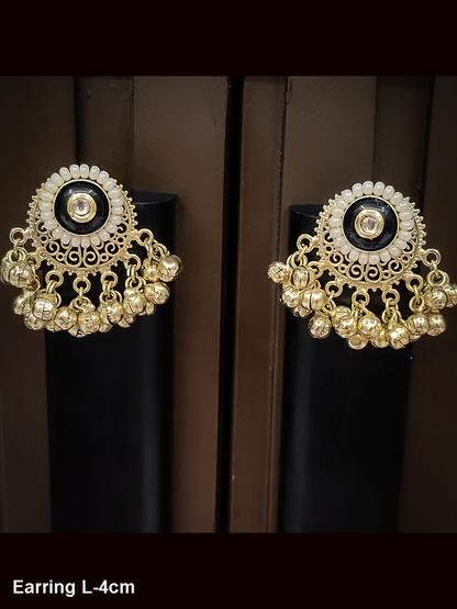 Circular coloured stone pirohi earrings with ghunghru hangings and kundan in middle