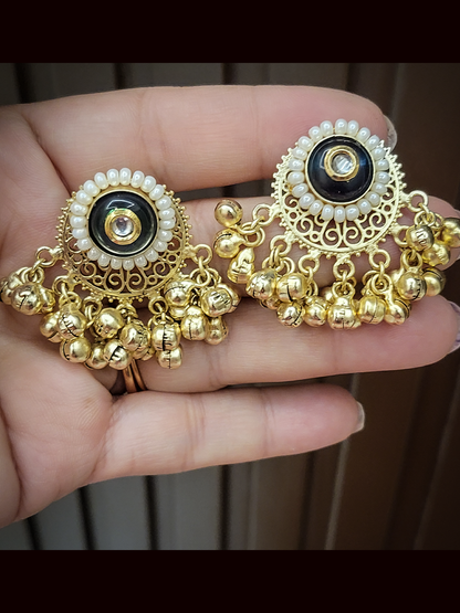 Circular coloured stone pirohi earrings with ghunghru hangings and kundan in middle