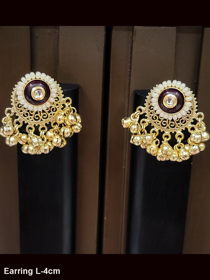 Circular coloured stone pirohi earrings with ghunghru hangings and kundan in middle