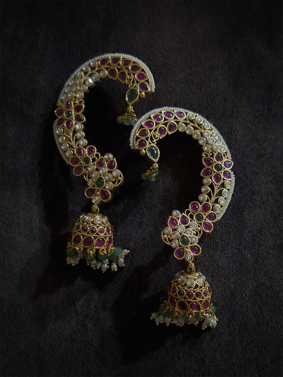 Flower and leaf design kundan and stones studded earcuffs
