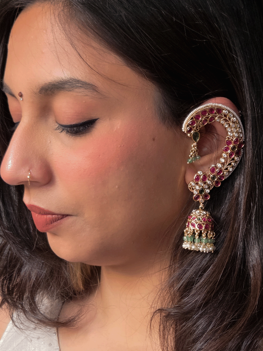 Flower and leaf design kundan and stones studded earcuffs