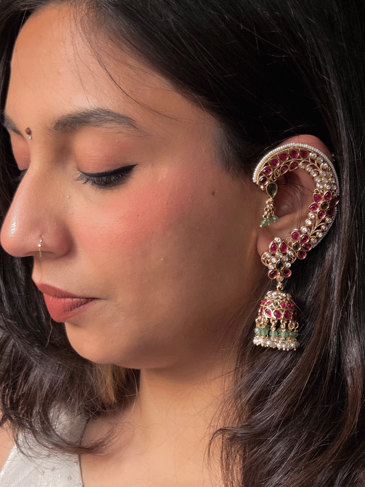 Flower and leaf design kundan and stones studded earcuffs