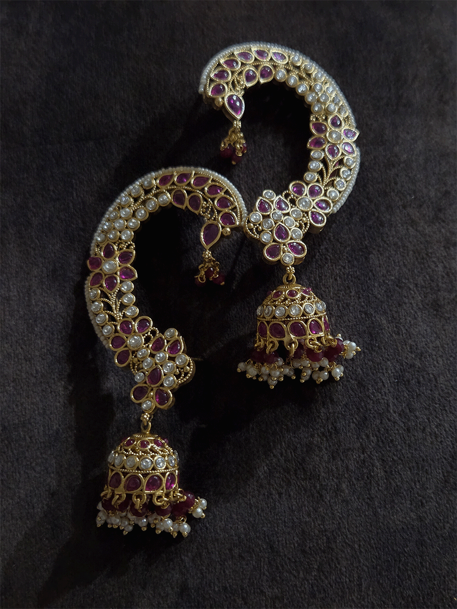 Flower and leaf design kundan and stones studded earcuffs