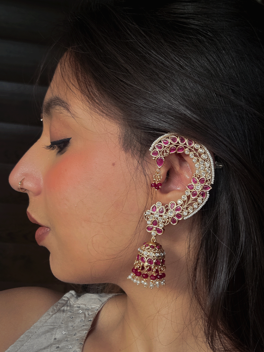 Flower and leaf design kundan and stones studded earcuffs