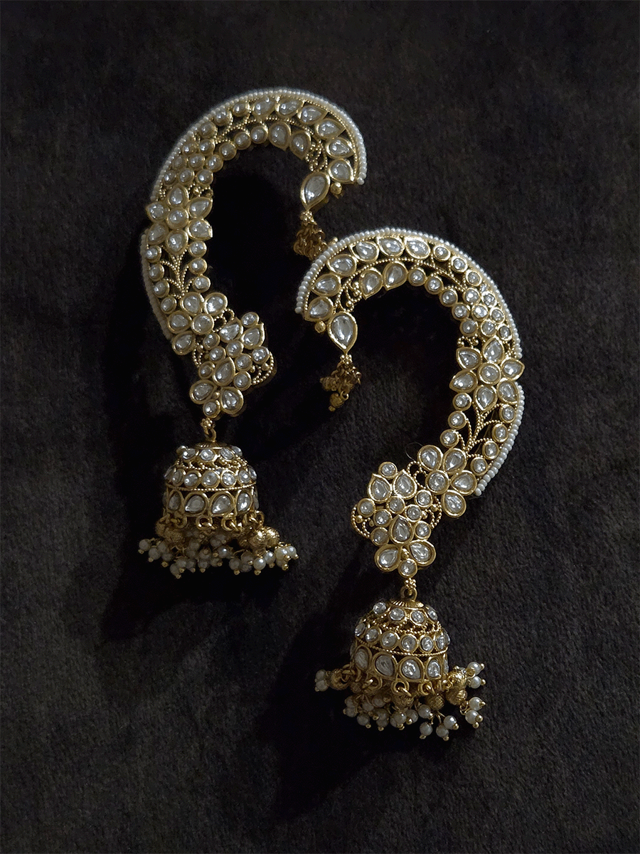 Flower and leaf design kundan and stones studded earcuffs