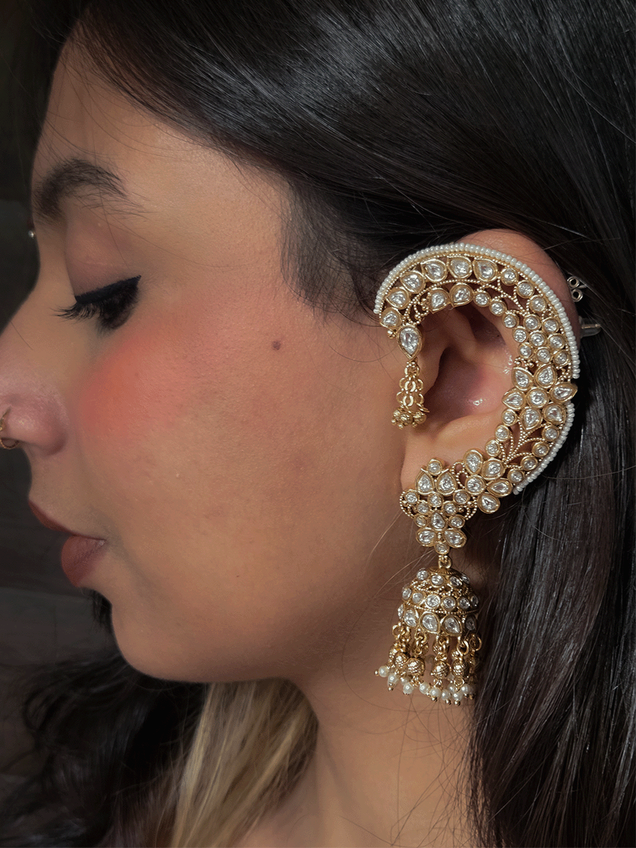 Flower and leaf design kundan and stones studded earcuffs
