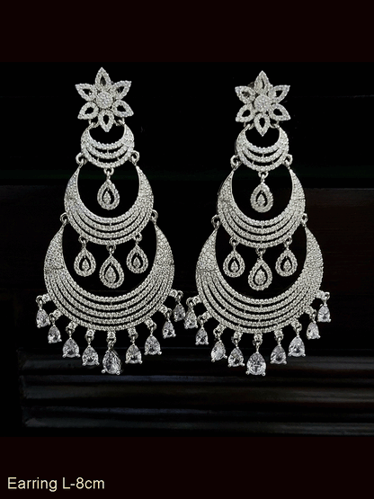 Flower top zircon studded three tier chandbali earrings