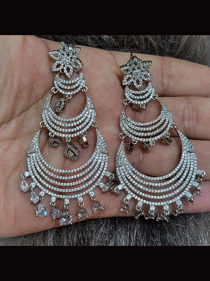 Flower top zircon studded three tier chandbali earrings