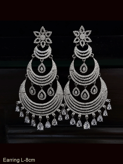 Flower top zircon studded three tier chandbali earrings