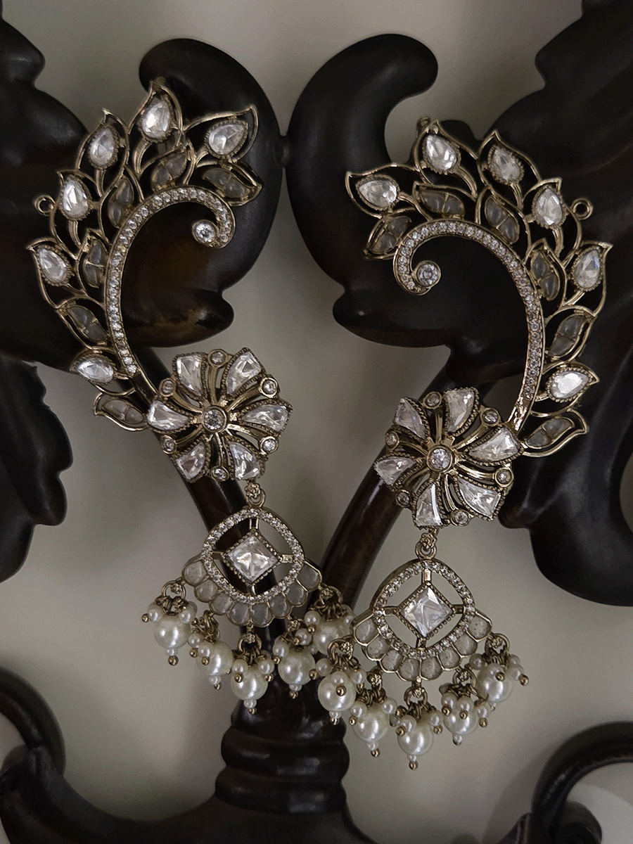 Mehendi finish leaf and flower design kundan earcuff with white stones and pearl drops