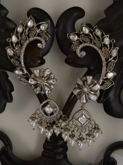 Mehendi finish leaf and flower design kundan earcuff with white stones and pearl drops