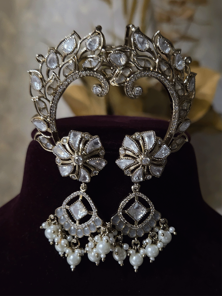 Mehendi finish leaf and flower design kundan earcuff with white stones and pearl drops