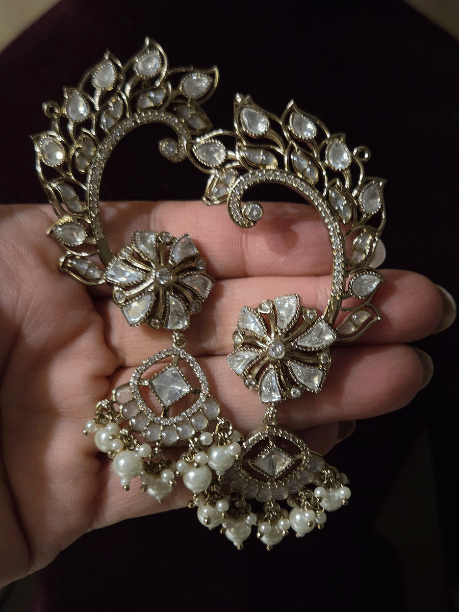 Mehendi finish leaf and flower design kundan earcuff with white stones and pearl drops