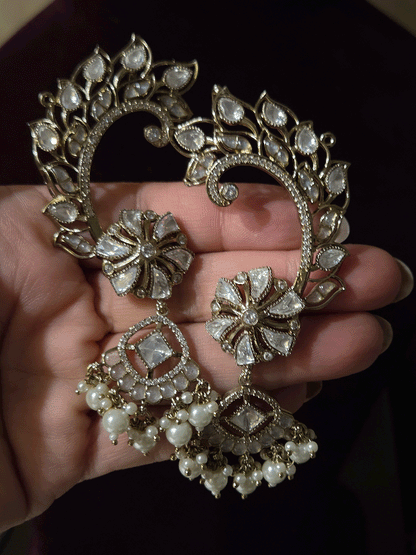 Mehendi finish leaf and flower design kundan earcuff with white stones and pearl drops