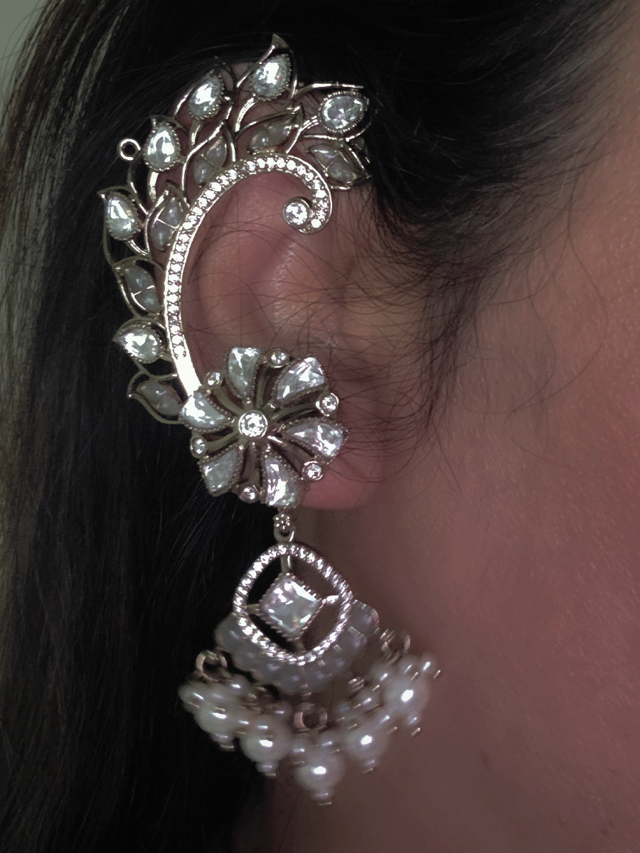 Mehendi finish leaf and flower design kundan earcuff with white stones and pearl drops