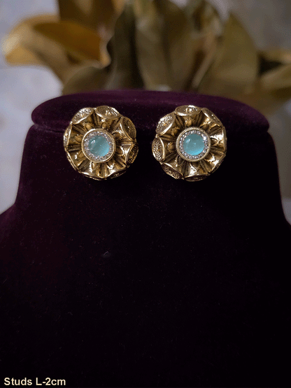 Round center stone with zircon outline flower design studs with dotted coin petals