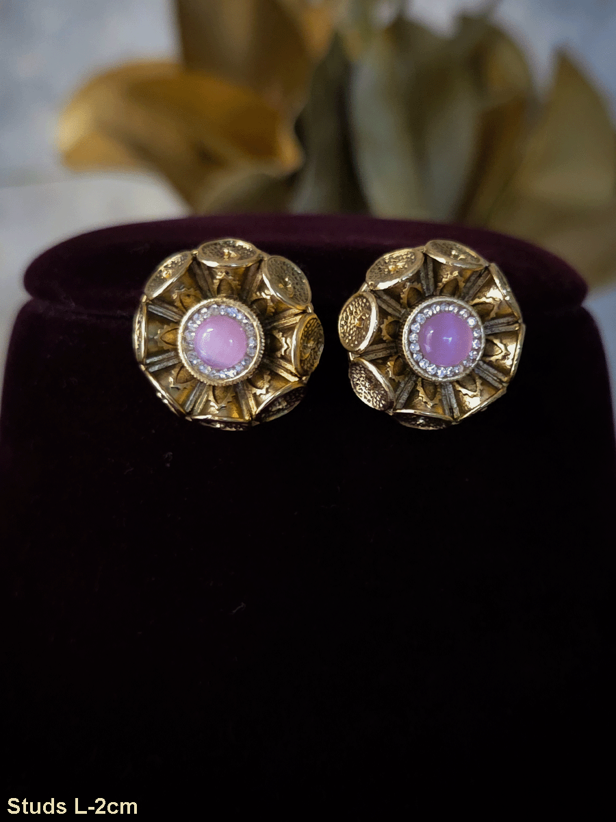 Round center stone with zircon outline flower design studs with dotted coin petals