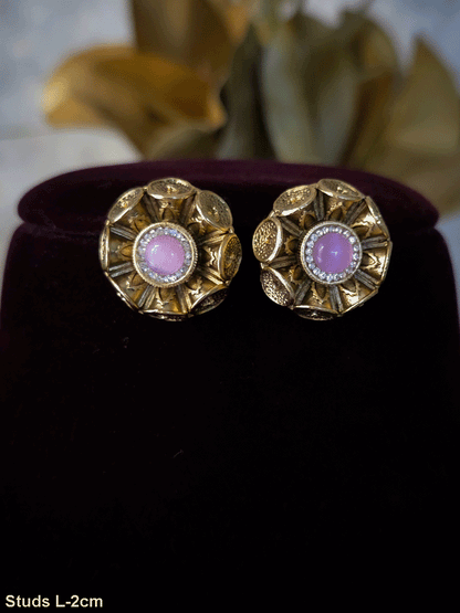 Round center stone with zircon outline flower design studs with dotted coin petals
