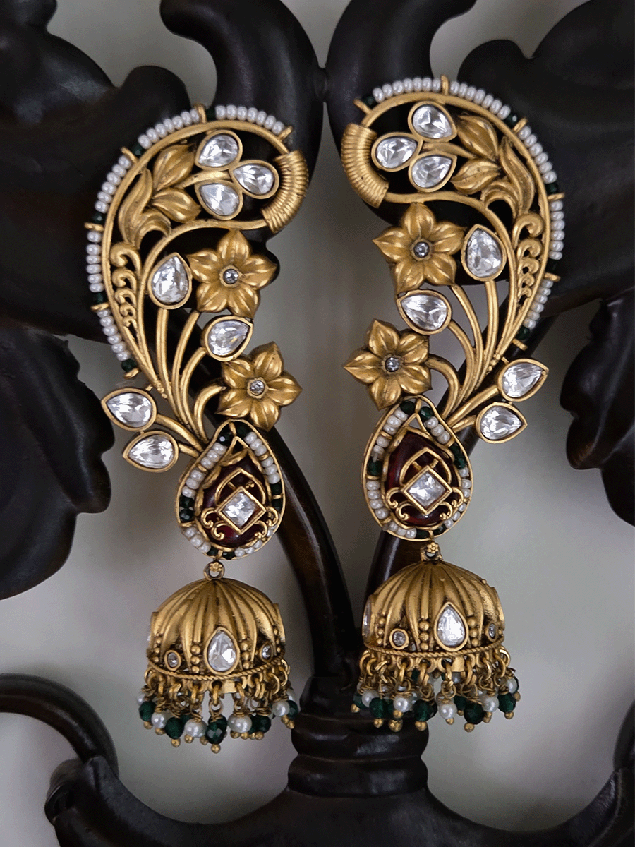 Flower design pirohi work with kundan leaf 4cm jhoomki hanging earcuffs