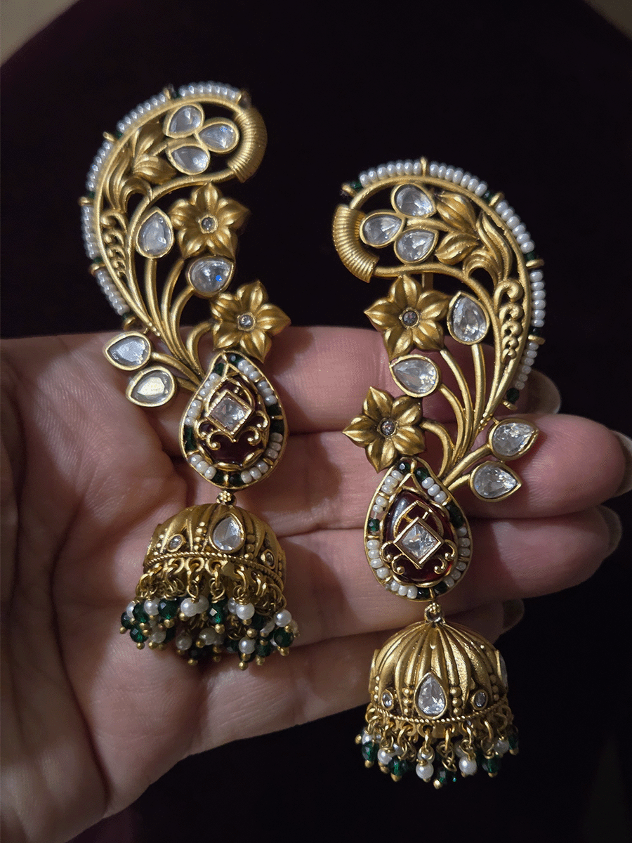 Flower design pirohi work with kundan leaf 4cm jhoomki hanging earcuffs
