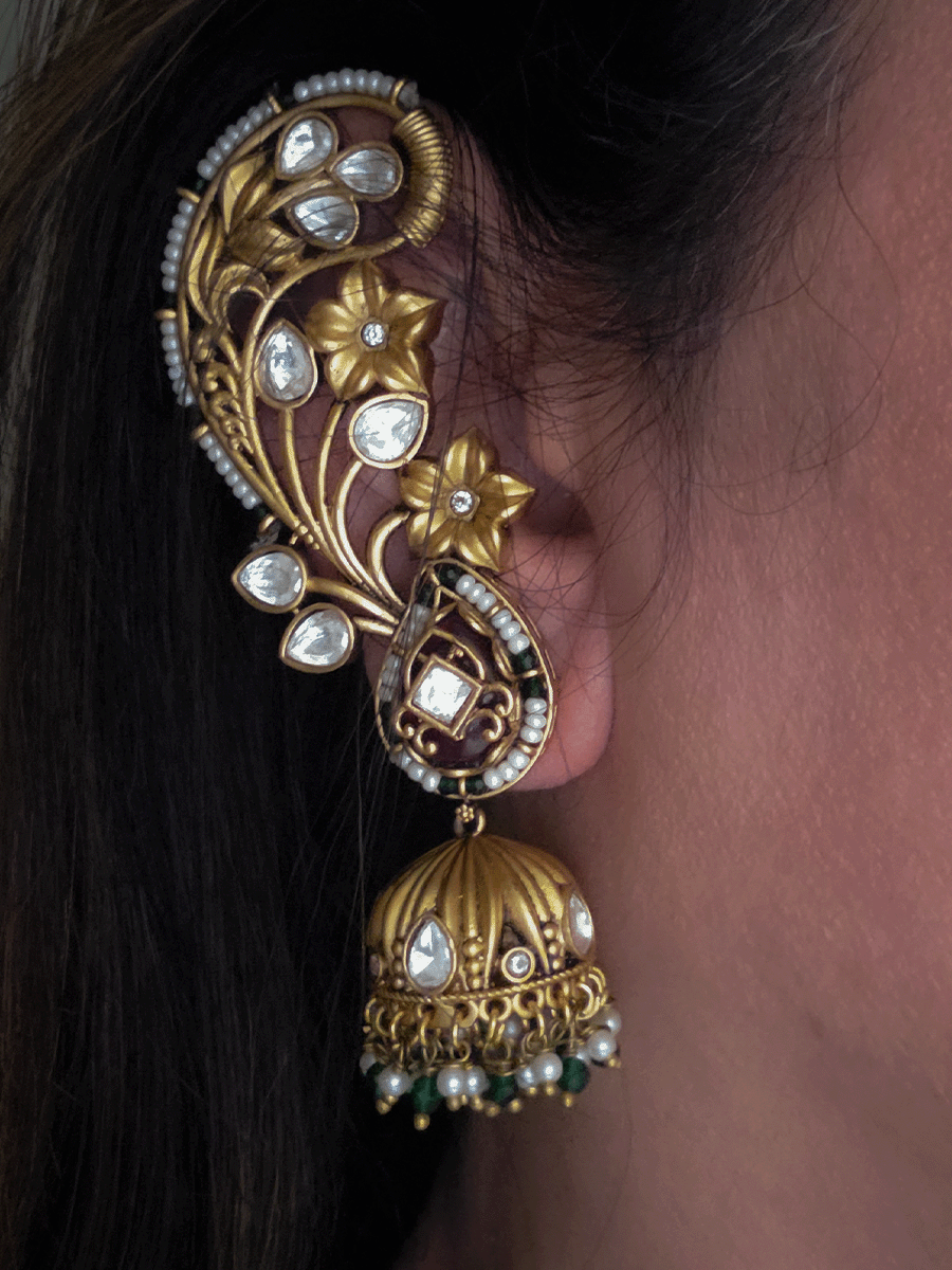 Flower design pirohi work with kundan leaf 4cm jhoomki hanging earcuffs