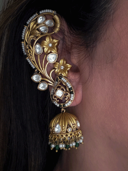 Flower design pirohi work with kundan leaf 4cm jhoomki hanging earcuffs