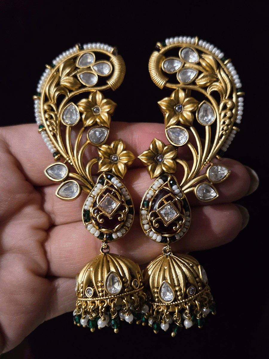 Flower design pirohi work with kundan leaf 4cm jhoomki hanging earcuffs