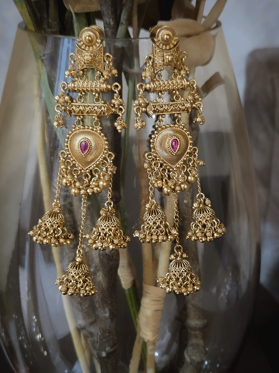 Leaf shaped ruby stone center triple jhoomki hangings long earrings