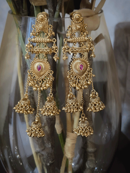 Leaf shaped ruby stone center triple jhoomki hangings long earrings