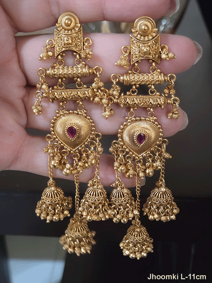Leaf shaped ruby stone center triple jhoomki hangings long earrings