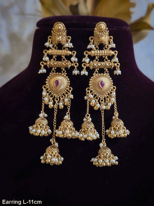 Leaf shaped ruby stone center triple jhoomki hangings long earrings