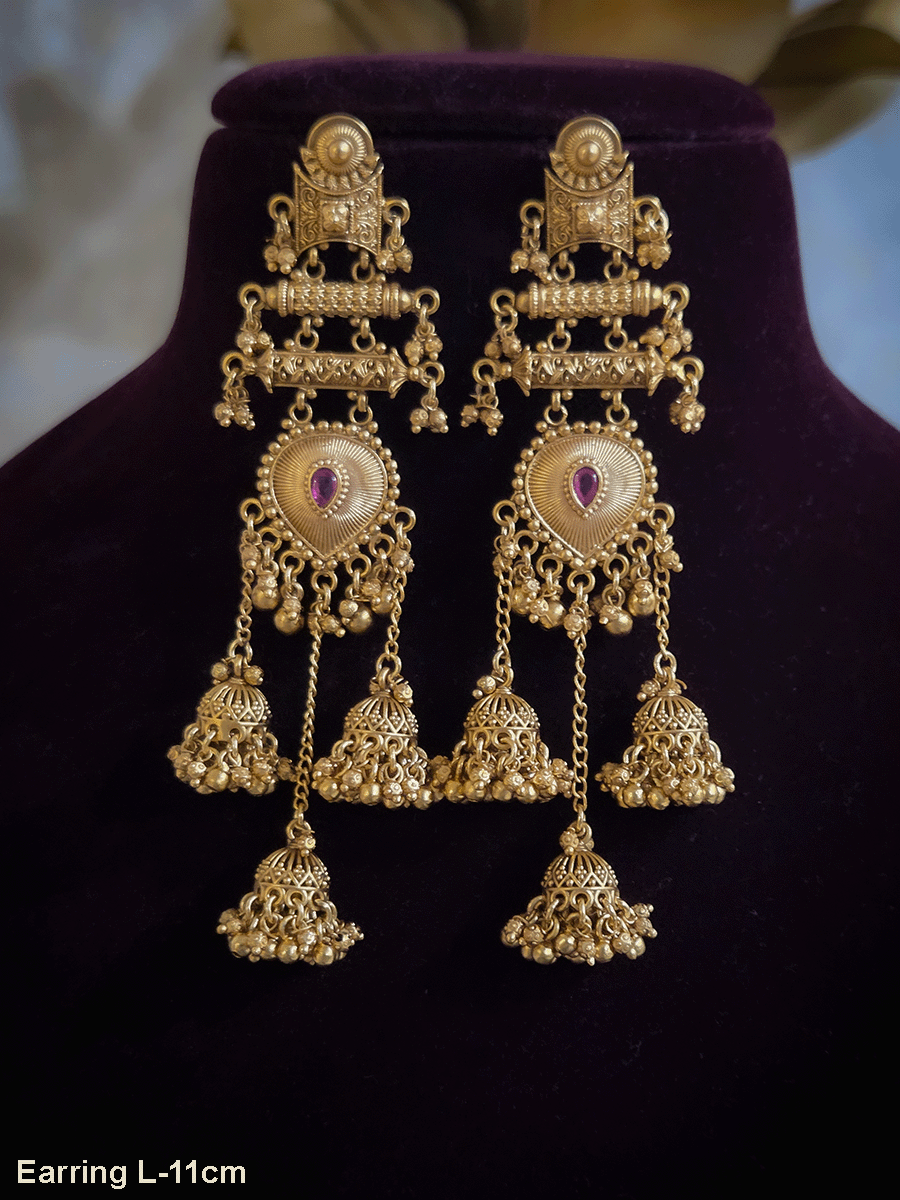 Leaf shaped ruby stone center triple jhoomki hangings long earrings