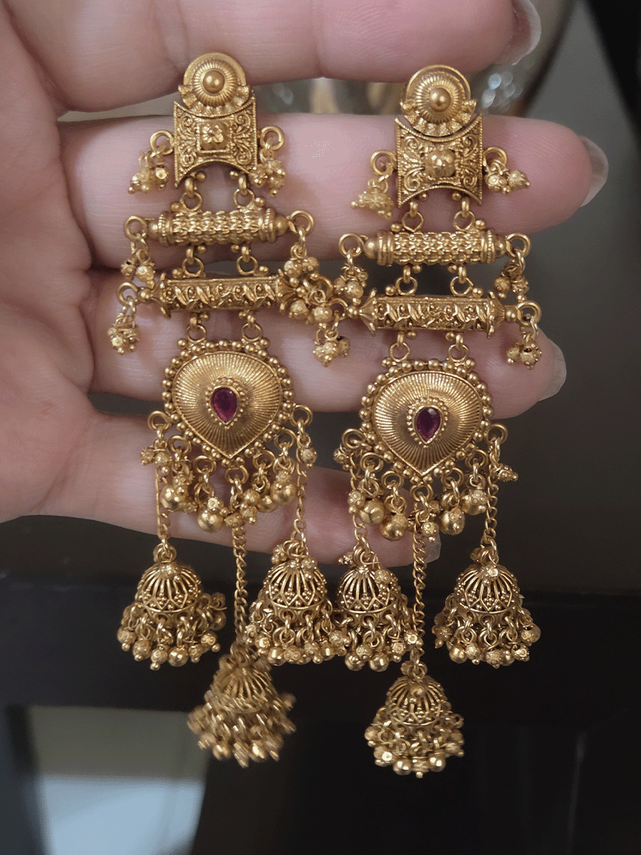 Leaf shaped ruby stone center triple jhoomki hangings long earrings