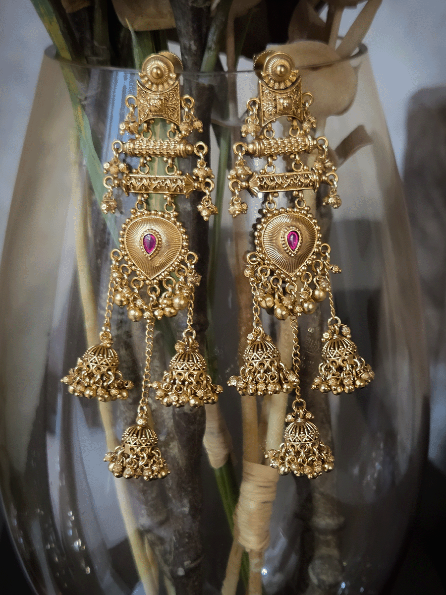 Leaf shaped ruby stone center triple jhoomki hangings long earrings