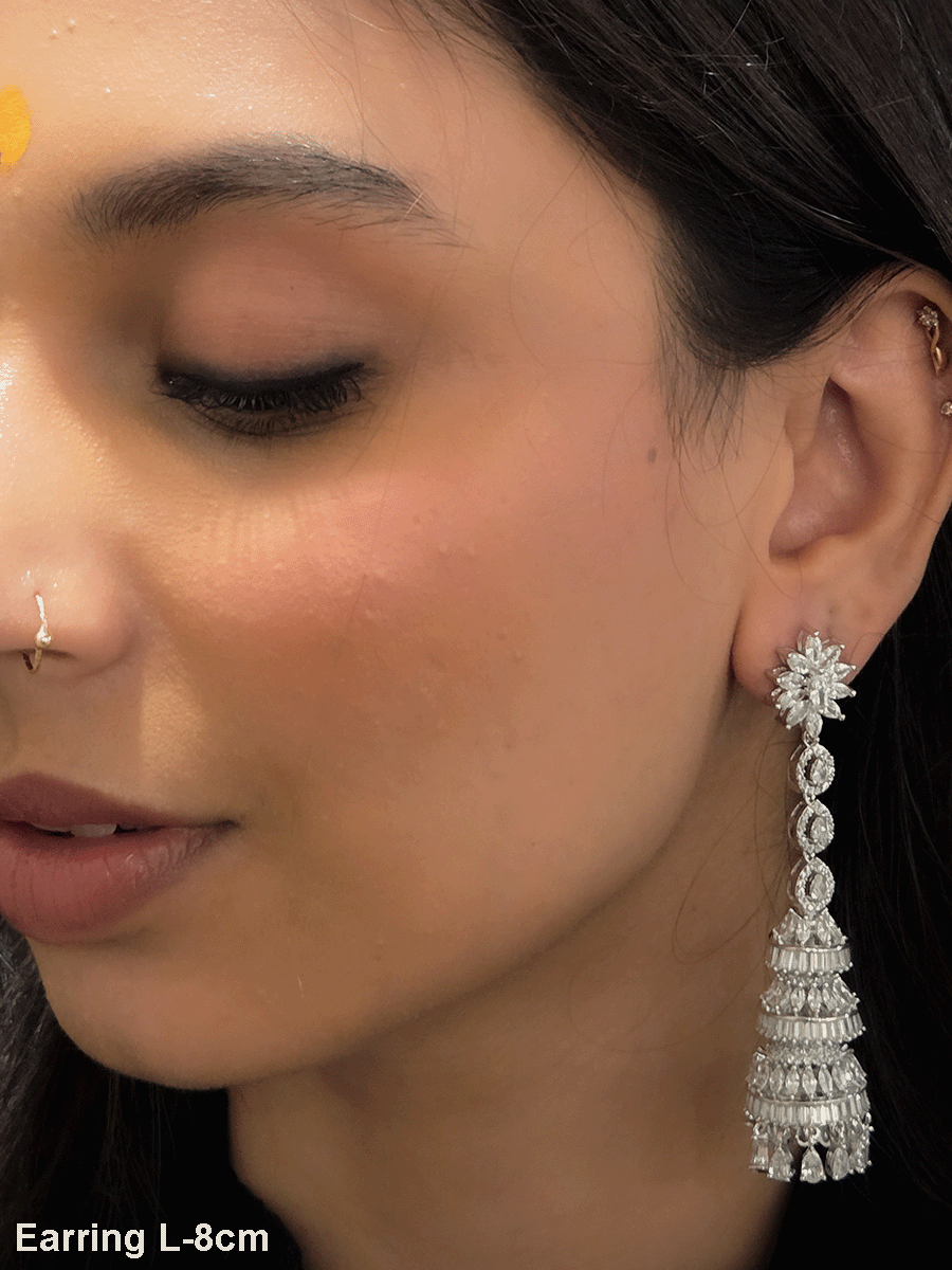 Silver finish triple layer AD  jhoomki earrings with three tear drop white stones top(8cm long)
