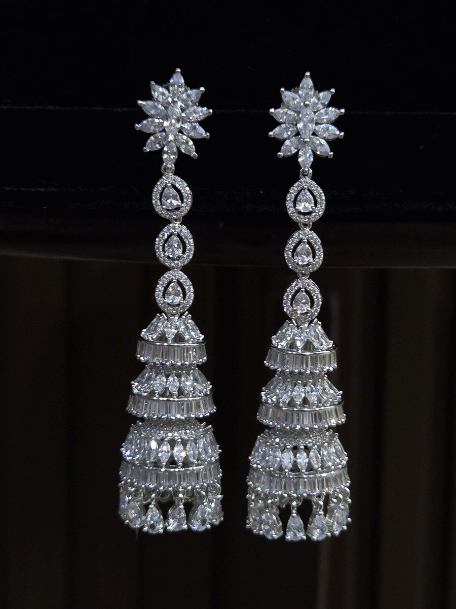 Silver finish triple layer AD  jhoomki earrings with three tear drop white stones top(8cm long)