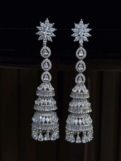 Silver finish triple layer AD  jhoomki earrings with three tear drop white stones top(8cm long)