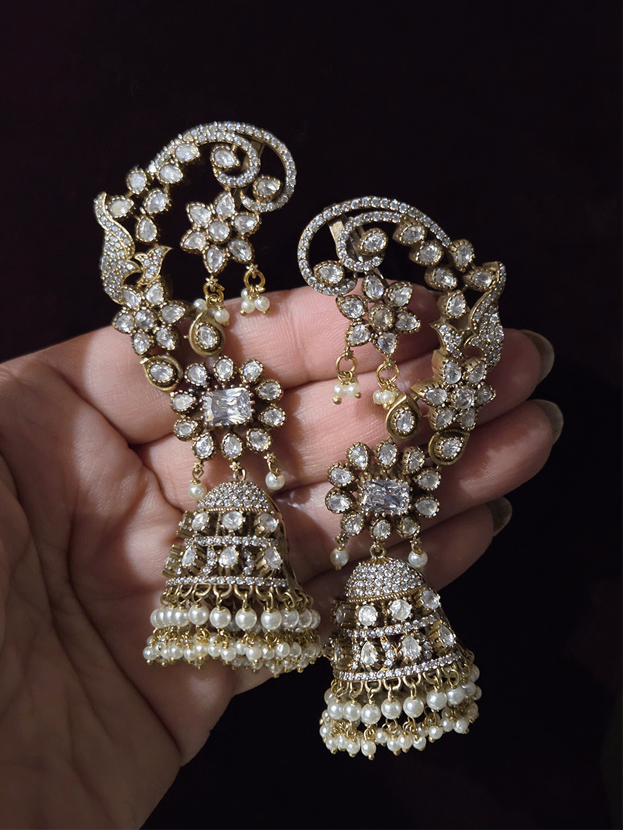 Kundan studded mehendi polish earcuffs with 5cm long bead hangings  jhoomki