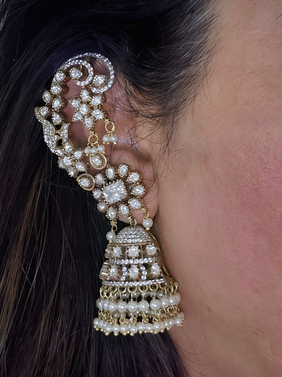 Kundan studded mehendi polish earcuffs with 5cm long bead hangings  jhoomki