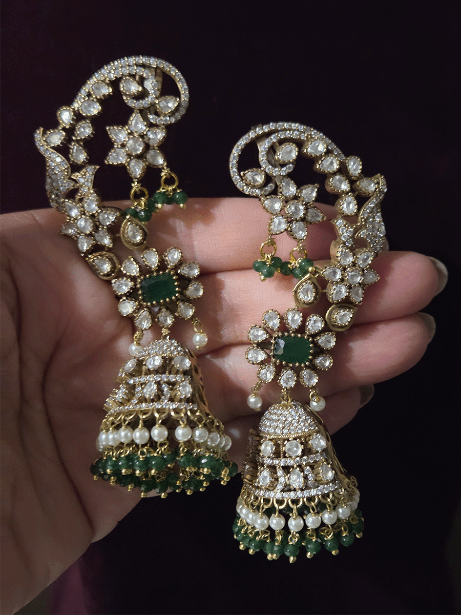 Kundan studded mehendi polish earcuffs with 5cm long bead hangings  jhoomki