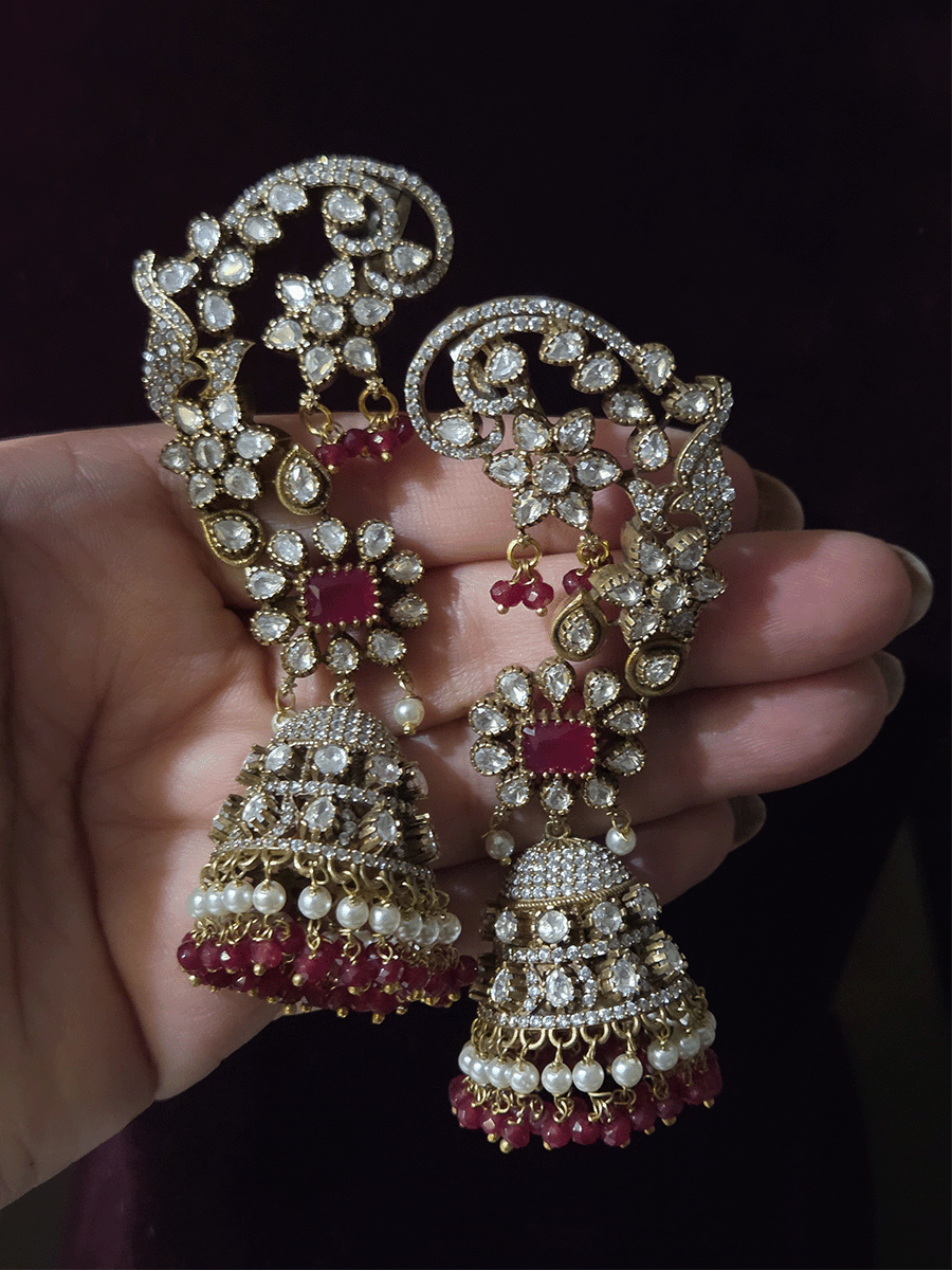 Kundan studded mehendi polish earcuffs with 5cm long bead hangings  jhoomki