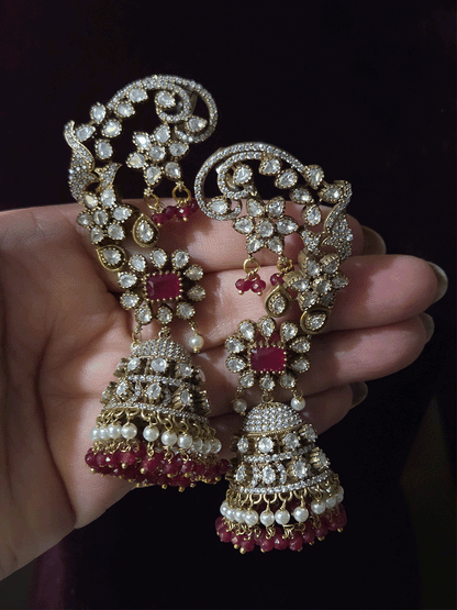 Kundan studded mehendi polish earcuffs with 5cm long bead hangings  jhoomki